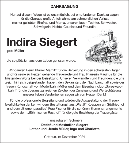 Traueranzeige von Indira Siegert von Lausitzer Rundschau