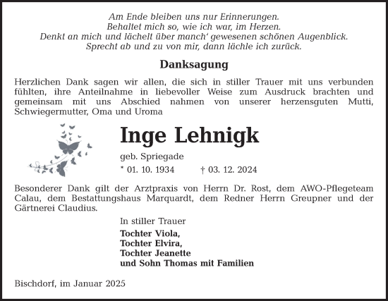 Traueranzeige von Inge Lehnigk von Lausitzer Rundschau