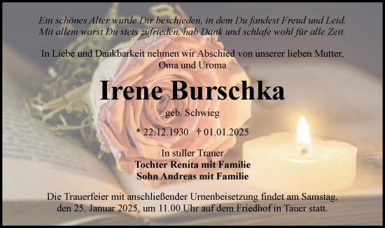 Traueranzeige von Irene Burschka von Lausitzer Rundschau