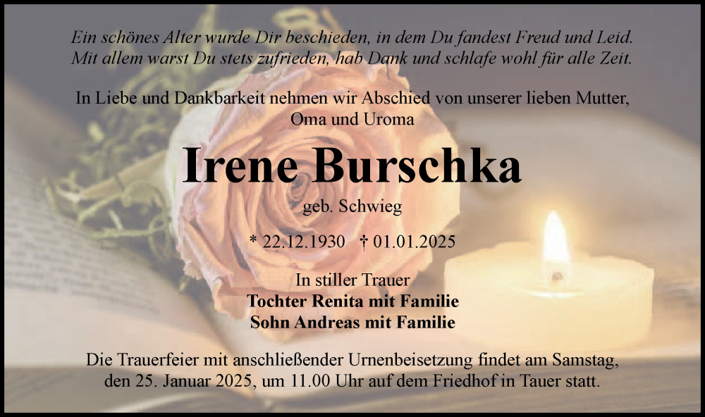  Traueranzeige für Irene Burschka vom 11.01.2025 aus Lausitzer Rundschau