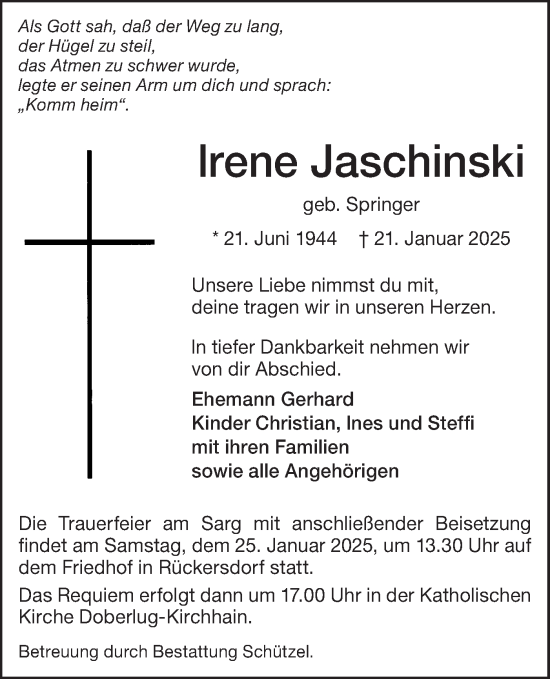 Traueranzeige von Irene Jaschinski von Lausitzer Rundschau