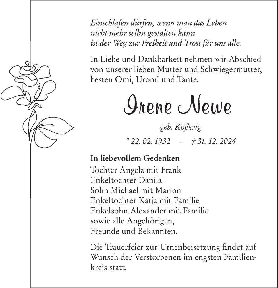  Traueranzeige für Irene Newe vom 04.01.2025 aus Lausitzer Rundschau