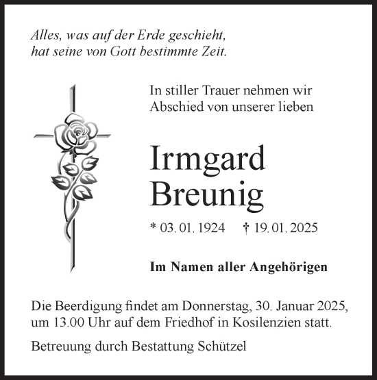 Traueranzeige von Irmgard Breunig von Lausitzer Rundschau