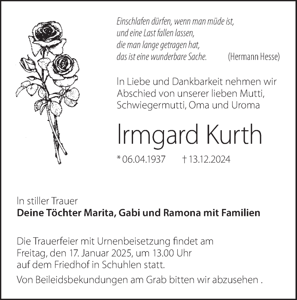  Traueranzeige für Irmgard Kurth vom 13.01.2025 aus Lausitzer Rundschau