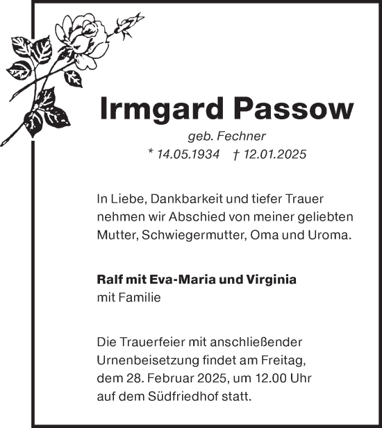 Traueranzeige von Irmgard Passow von Lausitzer Rundschau