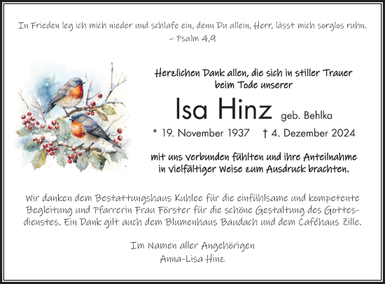 Traueranzeige von Isa Hinz von Lausitzer Rundschau