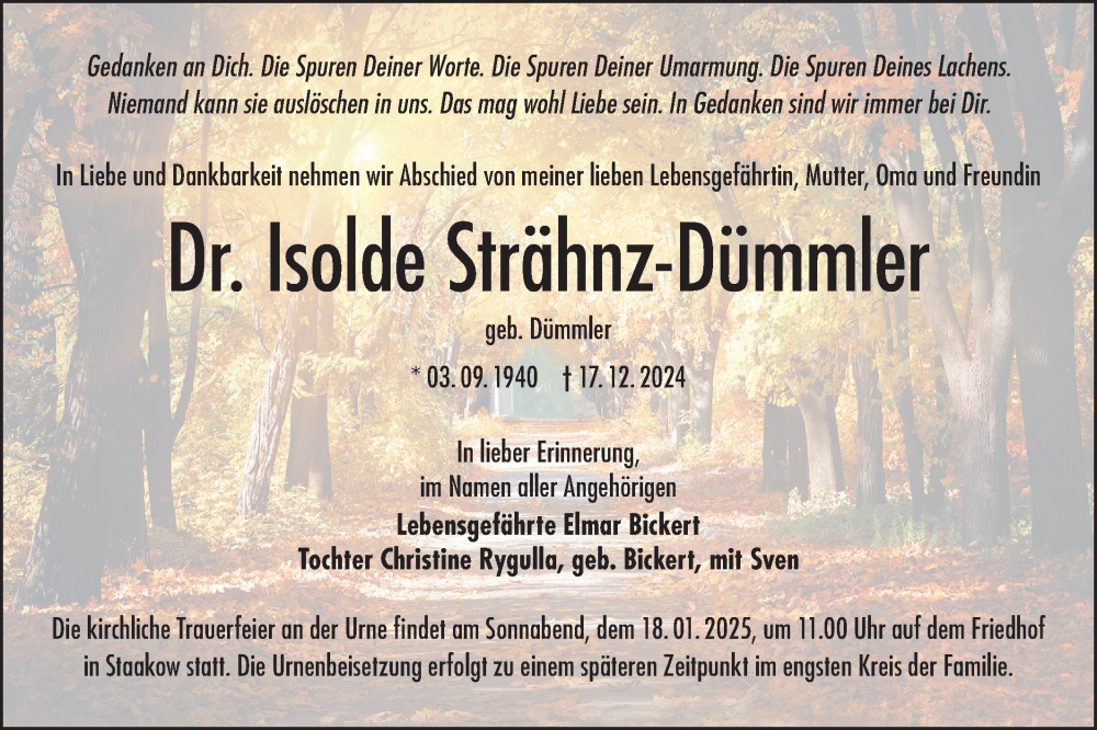  Traueranzeige für Isolde Strähnz-Dümmler vom 11.01.2025 aus Lausitzer Rundschau