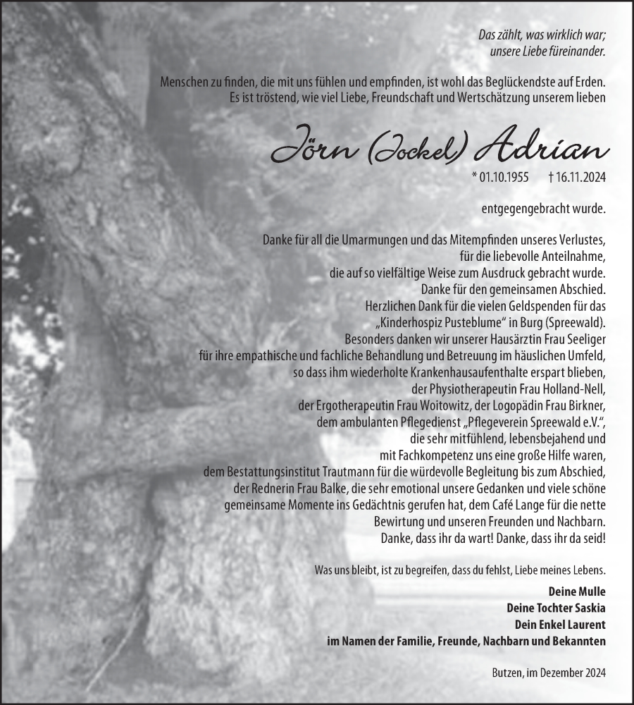  Traueranzeige für Jörn Adrian vom 11.01.2025 aus Lausitzer Rundschau