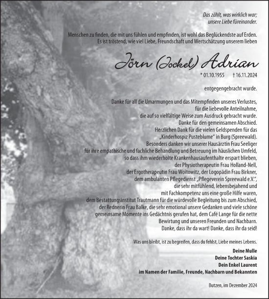 Traueranzeige von Jörn Adrian von Lausitzer Rundschau
