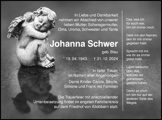 Traueranzeige von Johanna Schwer von Lausitzer Rundschau