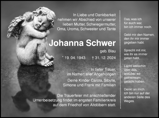 Traueranzeige von Johanna Schwer von Lausitzer Rundschau