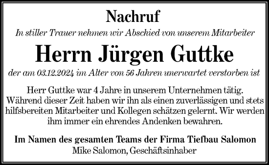 Traueranzeige von Jürgen Guttke von Lausitzer Rundschau
