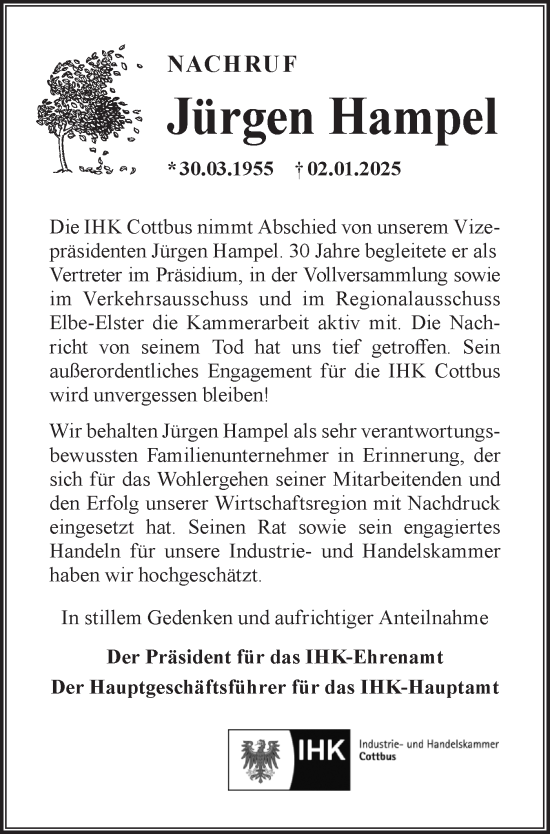 Traueranzeige von Jürgen Hampel von Lausitzer Rundschau