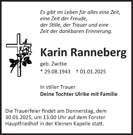 Traueranzeige von Karin Ranneberg von Lausitzer Rundschau
