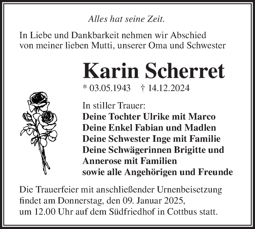  Traueranzeige für Karin Scherret vom 04.01.2025 aus Lausitzer Rundschau