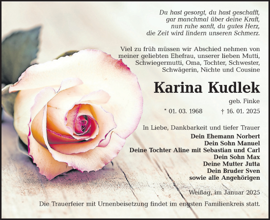 Traueranzeige von Karina Kudlek von Lausitzer Rundschau