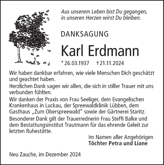 Traueranzeige von Karl Erdmann von Lausitzer Rundschau