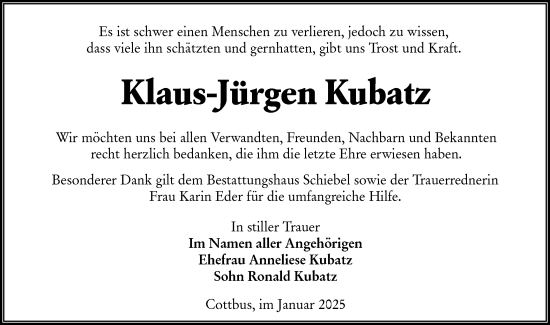 Traueranzeige von Klaus-Jürgen Kubatz von Lausitzer Rundschau