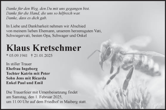 Traueranzeige von Klaus Kretschmer von Lausitzer Rundschau