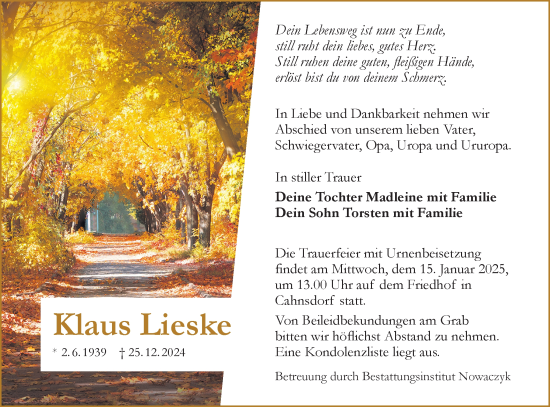 Traueranzeige von Klaus Lieske von Lausitzer Rundschau