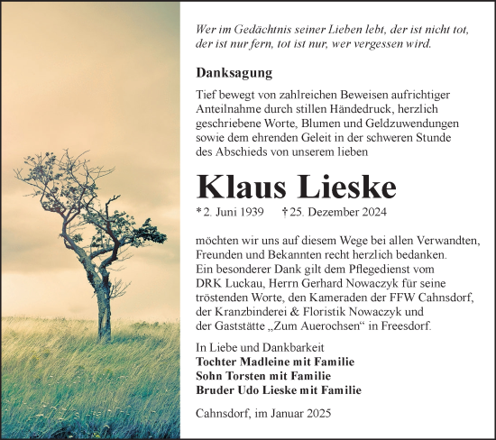Traueranzeige von Klaus Lieske von Lausitzer Rundschau