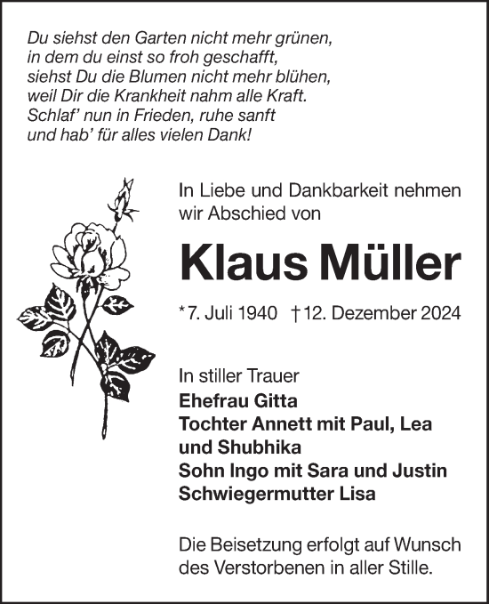 Traueranzeige von Klaus Müller von Lausitzer Rundschau
