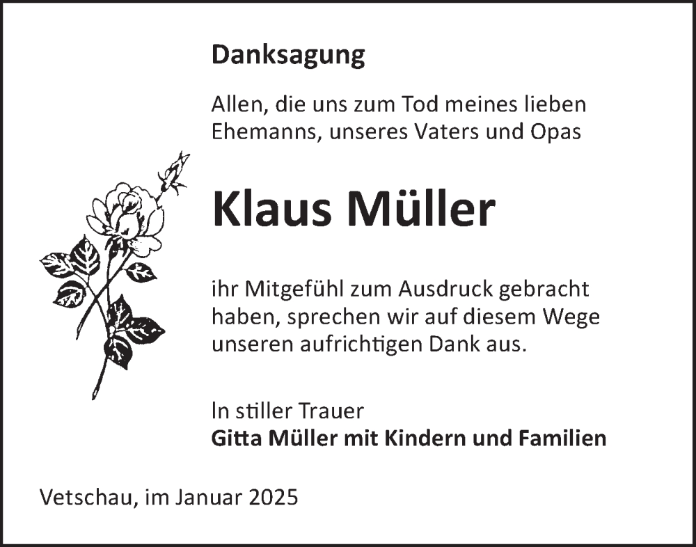  Traueranzeige für Klaus Müller vom 18.01.2025 aus Lausitzer Rundschau