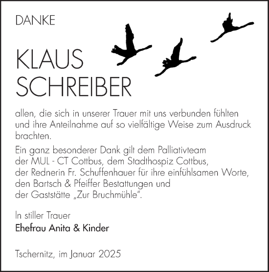 Traueranzeige von Klaus Schreiber von Lausitzer Rundschau