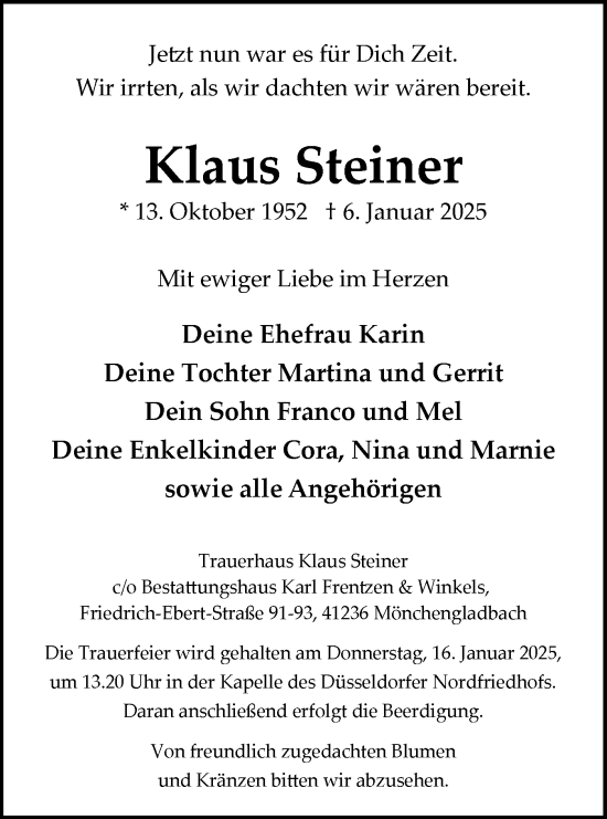 Traueranzeige von Klaus Steiner von Lausitzer Rundschau