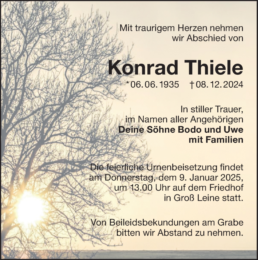  Traueranzeige für Konrad Thiele vom 04.01.2025 aus Lausitzer Rundschau