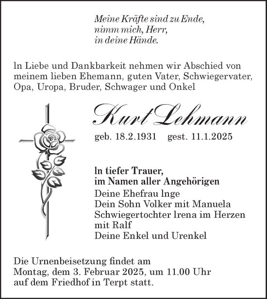 Traueranzeige von Kurt Lehmann von Lausitzer Rundschau