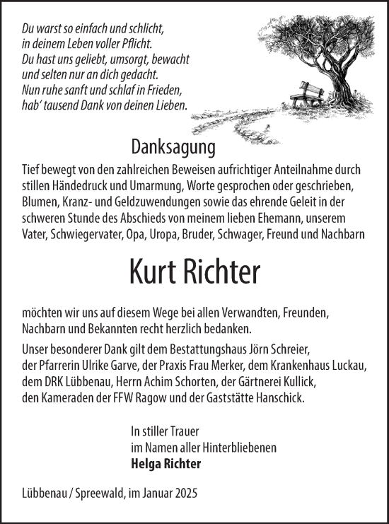 Traueranzeige von Kurt Richter von Lausitzer Rundschau