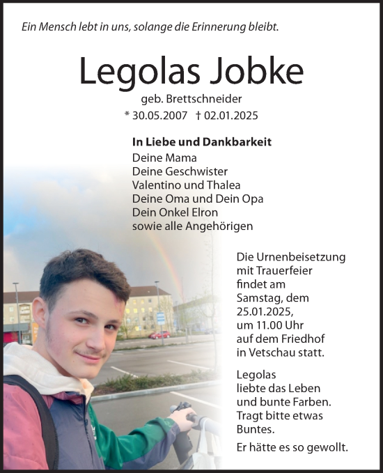 Traueranzeige von Legolas Jobke von Lausitzer Rundschau