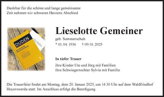 Traueranzeige von Lieselotte Gemeiner von Lausitzer Rundschau