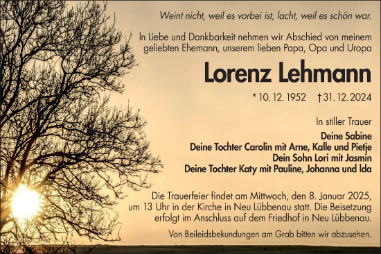 Traueranzeige von Lorenz Lehmann  von Lausitzer Rundschau