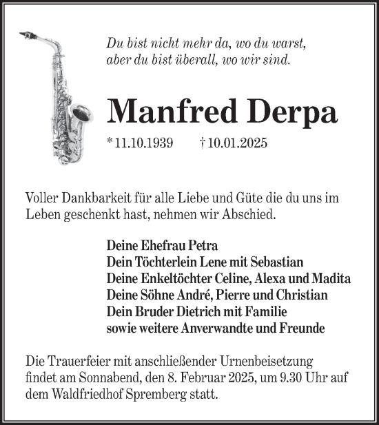Traueranzeige von Manfred Derpa von Lausitzer Rundschau
