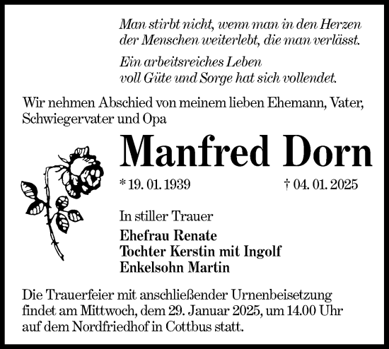 Traueranzeige von Manfred Dorn von Lausitzer Rundschau