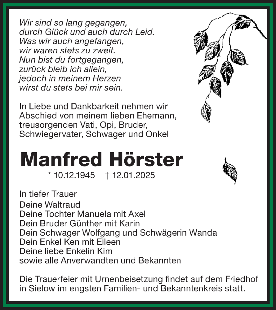  Traueranzeige für Manfred Hörster vom 25.01.2025 aus Lausitzer Rundschau