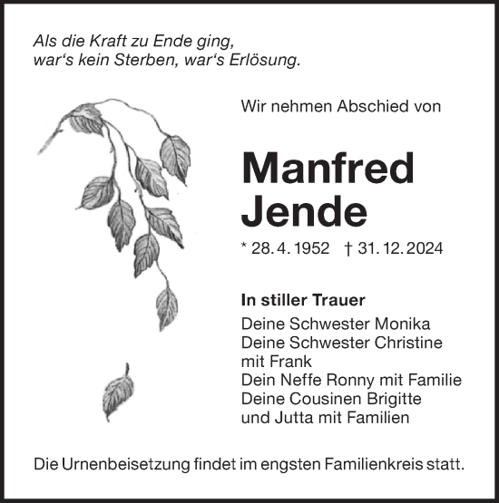 Traueranzeige von Manfred Jende von Lausitzer Rundschau