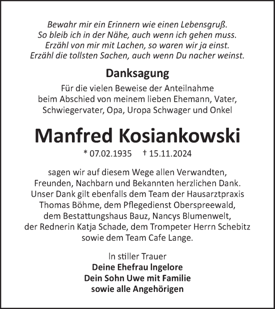 Traueranzeige von Manfred Kosiankowski von Lausitzer Rundschau