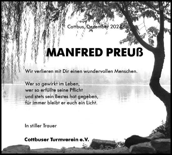 Traueranzeige von Manfred Preuß von Lausitzer Rundschau