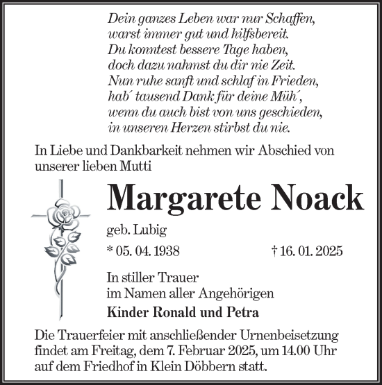 Traueranzeige von Margarete Noack von Lausitzer Rundschau