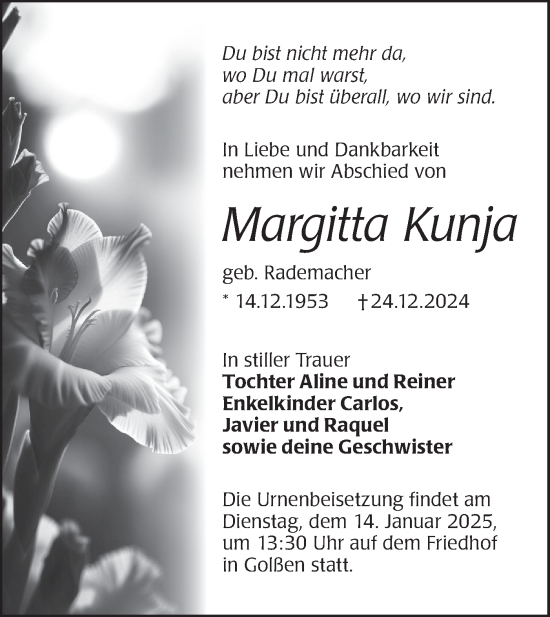 Traueranzeige von Margitta Kunja von Lausitzer Rundschau