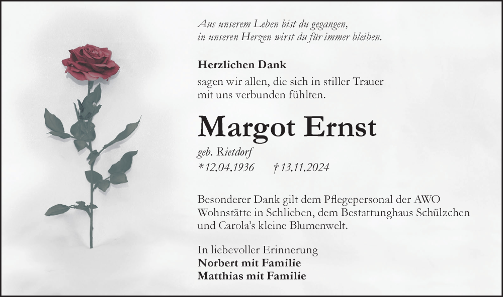  Traueranzeige für Margot Ernst vom 04.01.2025 aus Lausitzer Rundschau