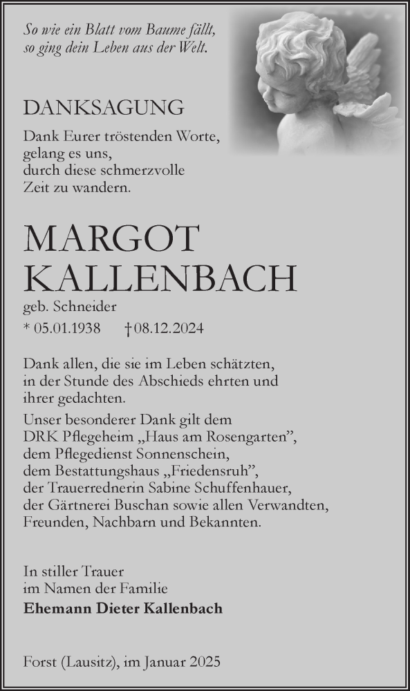  Traueranzeige für Margot Kallenbach vom 25.01.2025 aus Lausitzer Rundschau