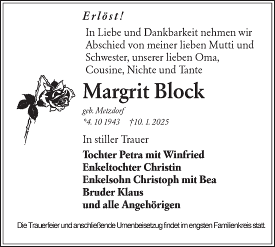 Traueranzeige von Margrit Block von Lausitzer Rundschau