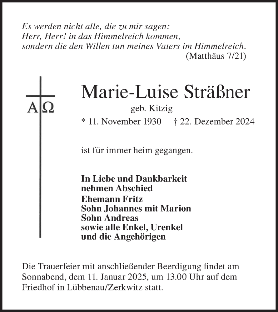  Traueranzeige für Marie-Luise Sträßner vom 04.01.2025 aus Lausitzer Rundschau