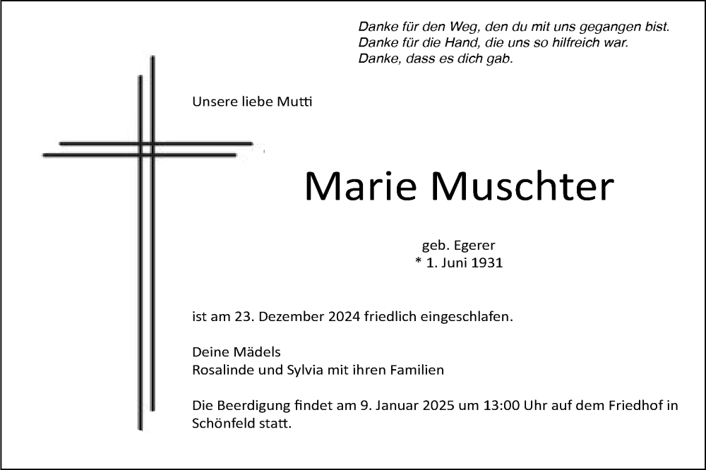  Traueranzeige für Marie Muschter vom 04.01.2025 aus Lausitzer Rundschau