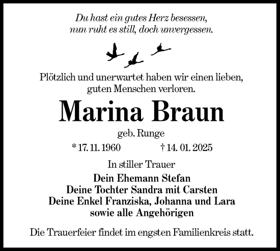 Traueranzeige von Marina Braun von Lausitzer Rundschau