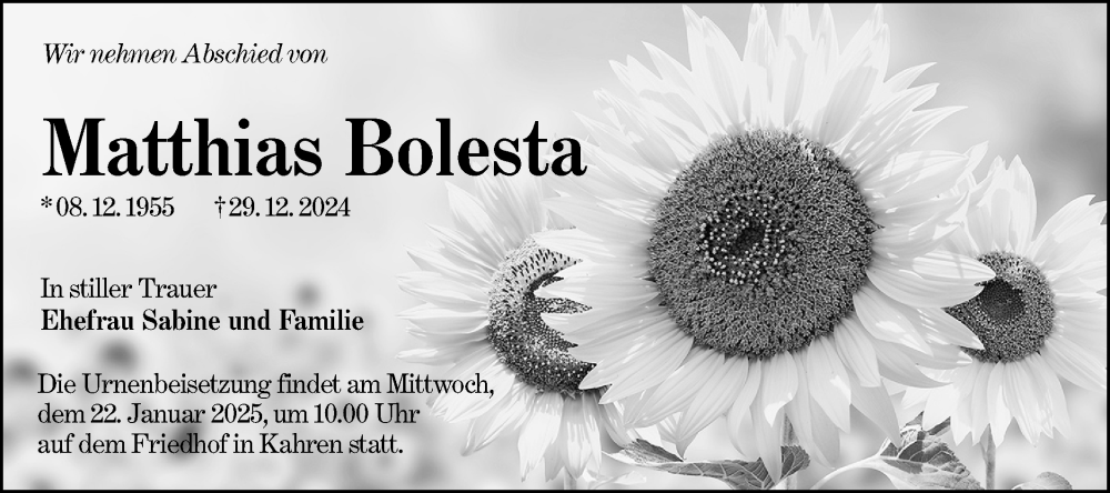  Traueranzeige für Matthias Bolesta vom 11.01.2025 aus Lausitzer Rundschau